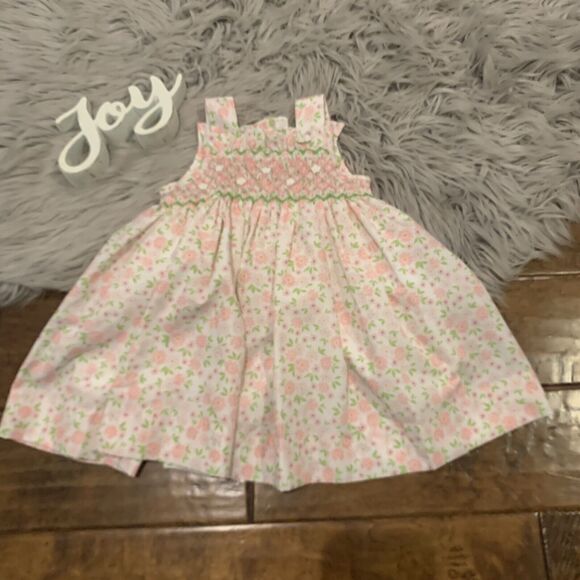 Aspen claire & Company Floral Smocked Dress White Pink Green Size 12 Months New - Picture 1 of 7